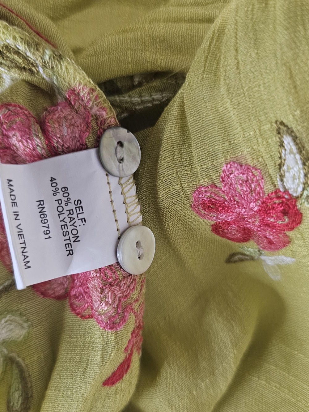 Floral Tie-Front Peasant Blouse in Chartreuse with Pink Embroidery Sz L Summer - Picture 9 of 10